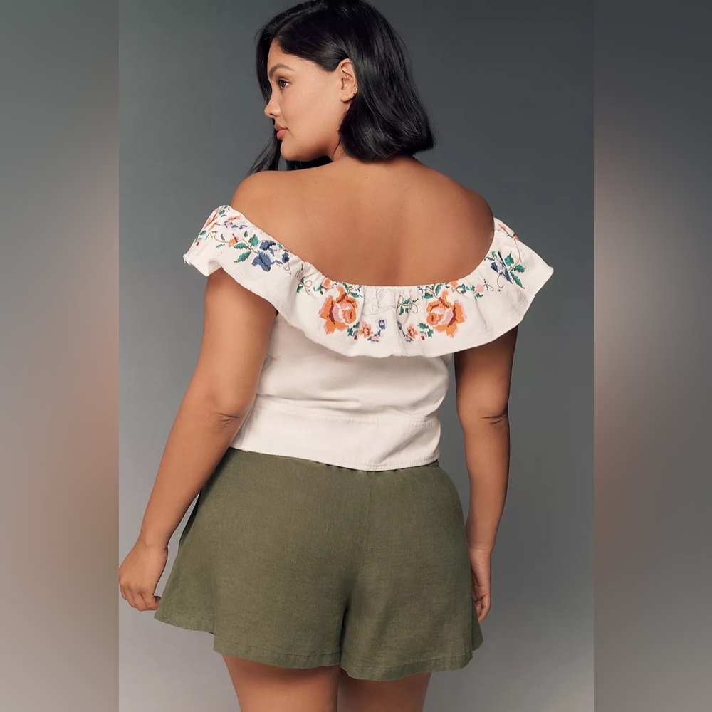 Embroidered White Ruffle-Sleeve Button Front Top - Picture 6 of 12